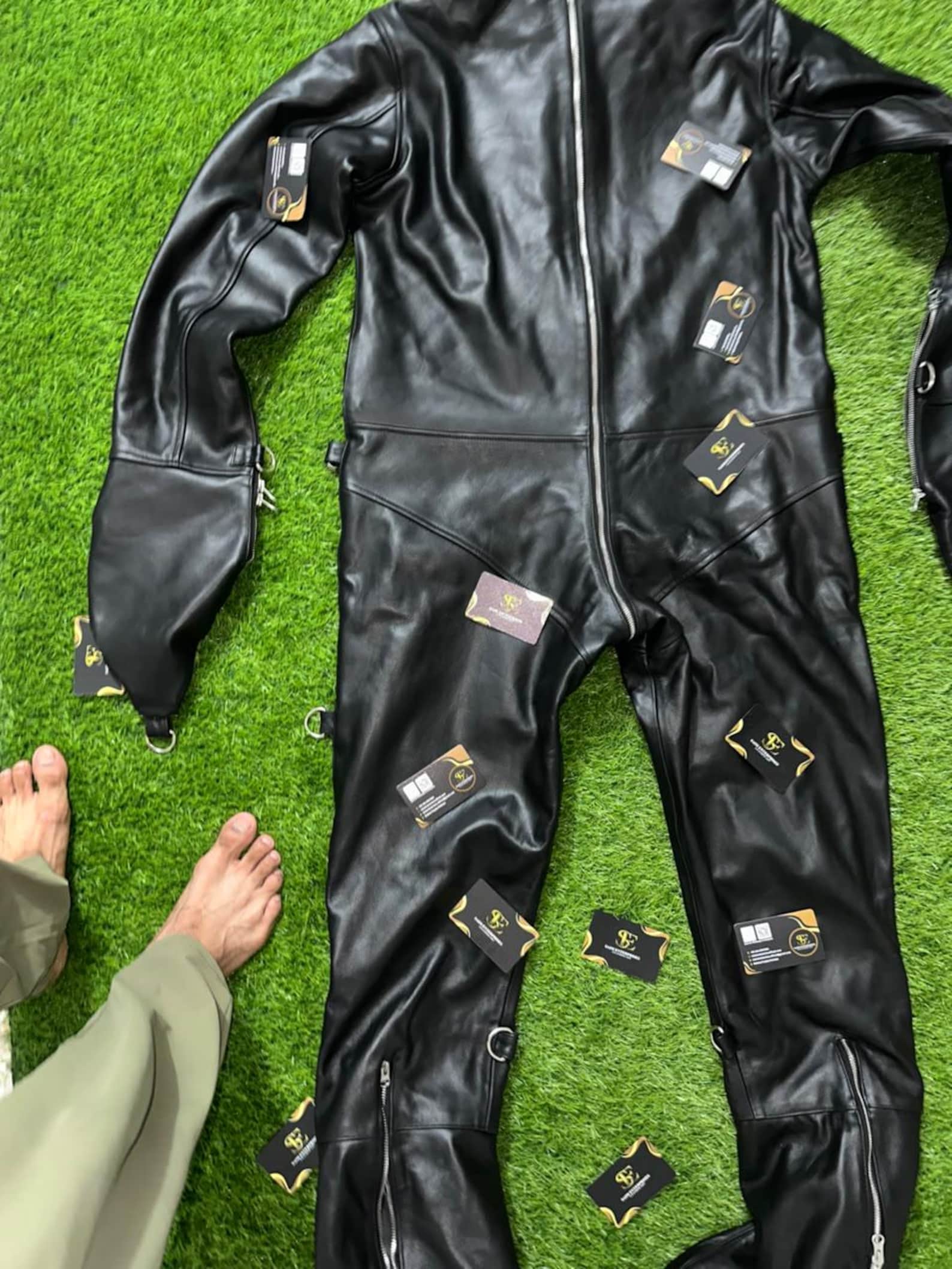 Handmade Black Padded Sheepskin Leather Catsuit - Image 14