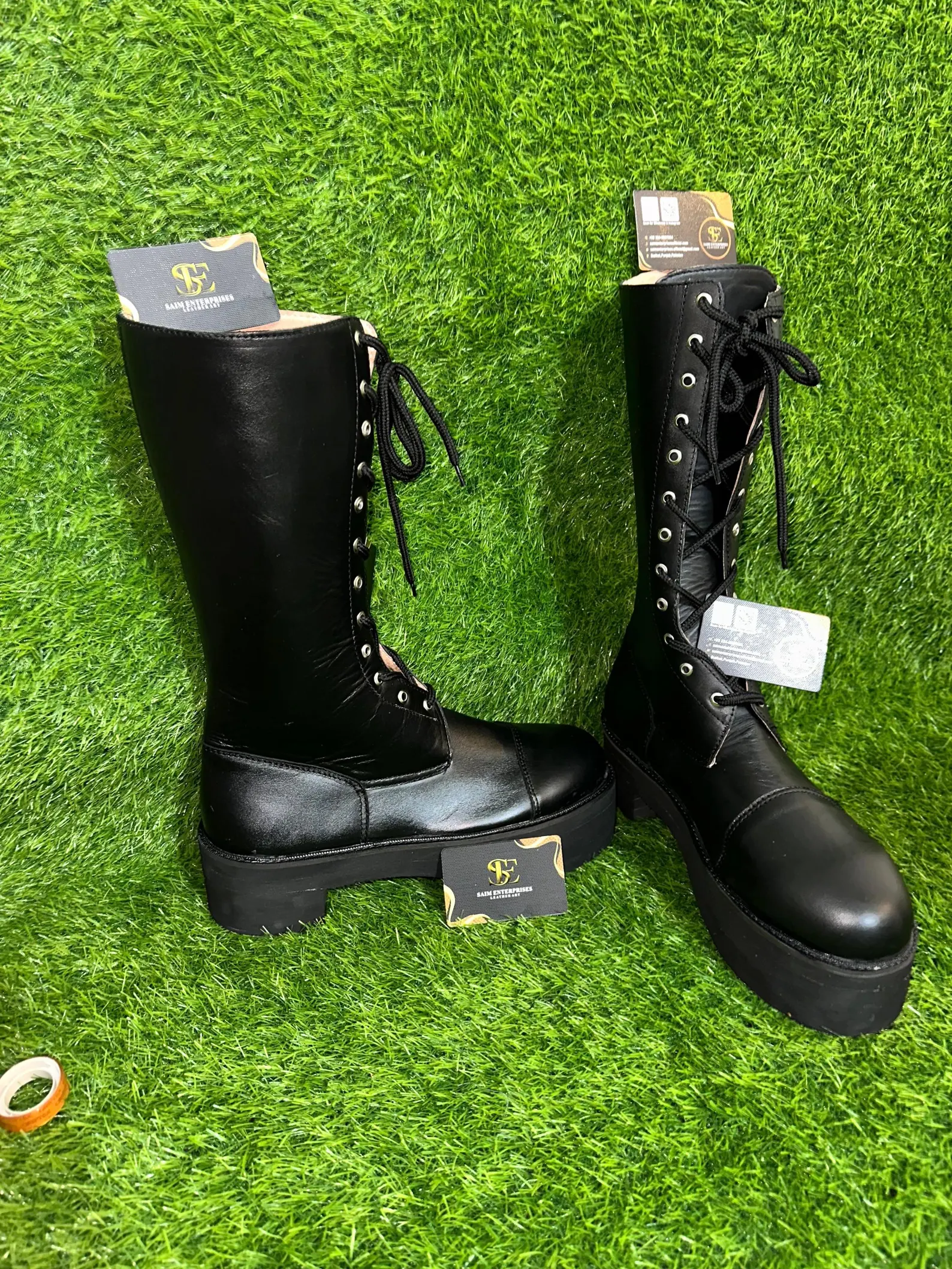 Custom Black Leather Knee-High Lace-Up Military Boots - Image 4