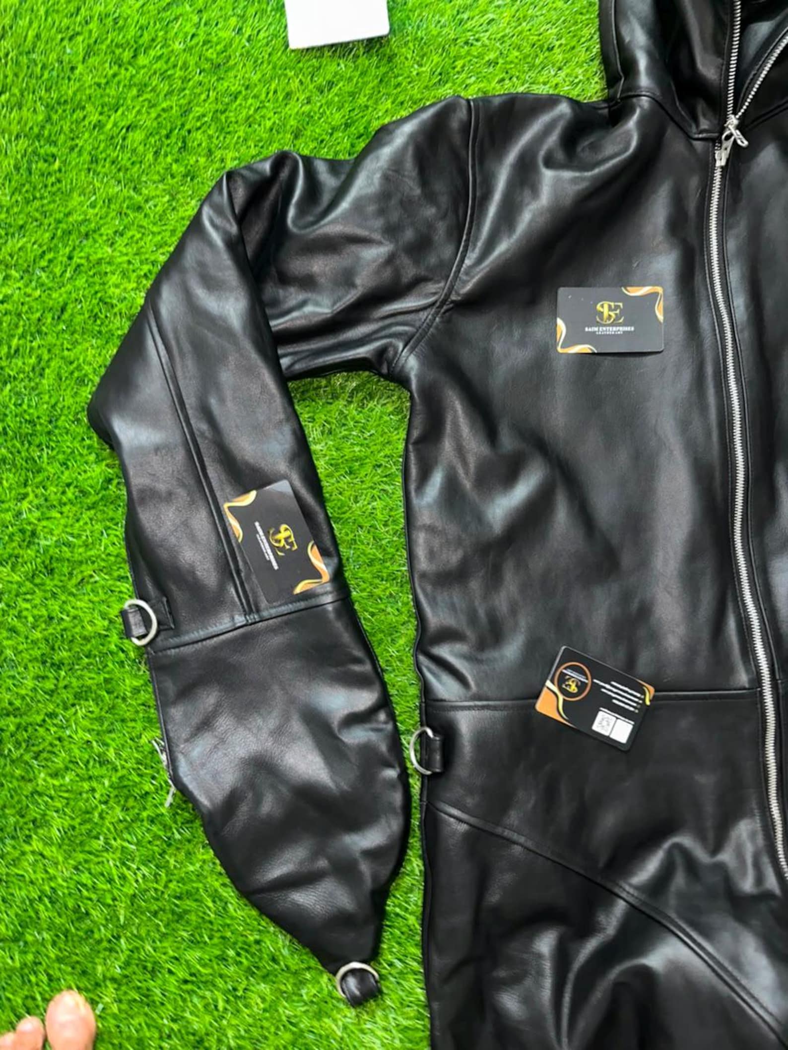 Handmade Black Padded Sheepskin Leather Catsuit - Image 5