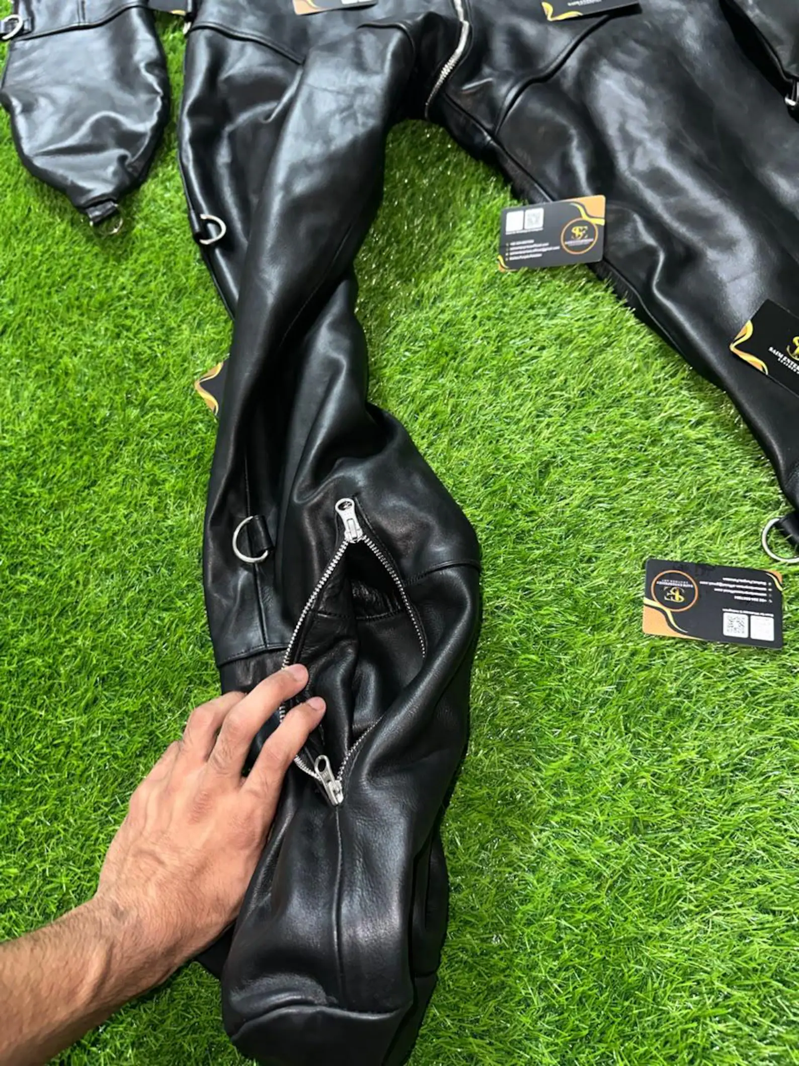 Handmade Black Padded Sheepskin Leather Catsuit - Image 7