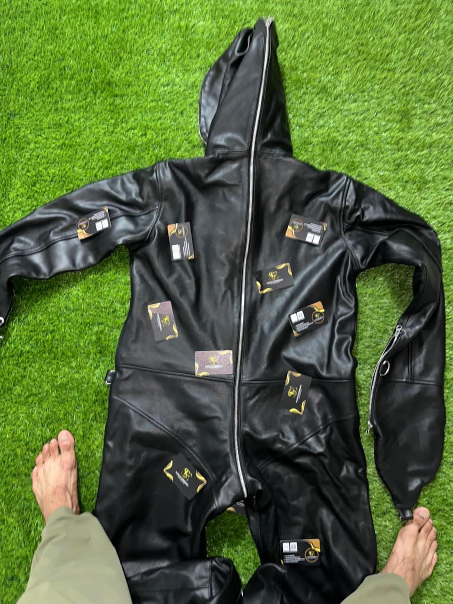 Handmade Black Padded Sheepskin Leather Catsuit - Image 10