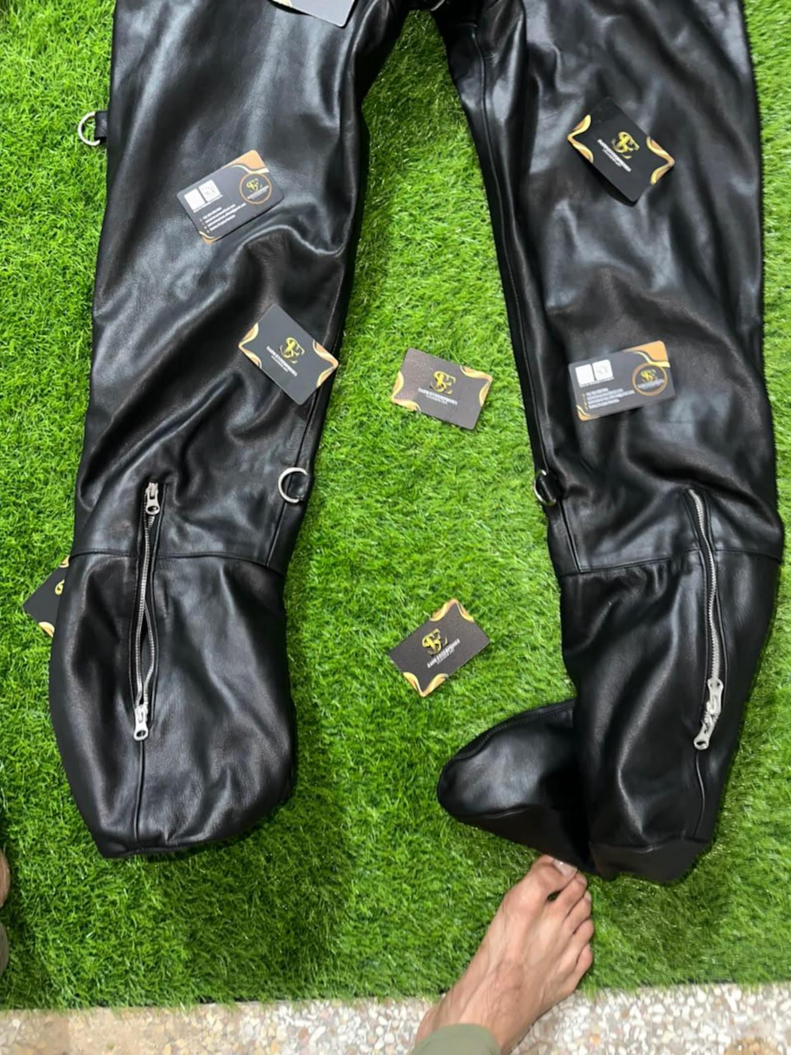 Handmade Black Padded Sheepskin Leather Catsuit - Image 8