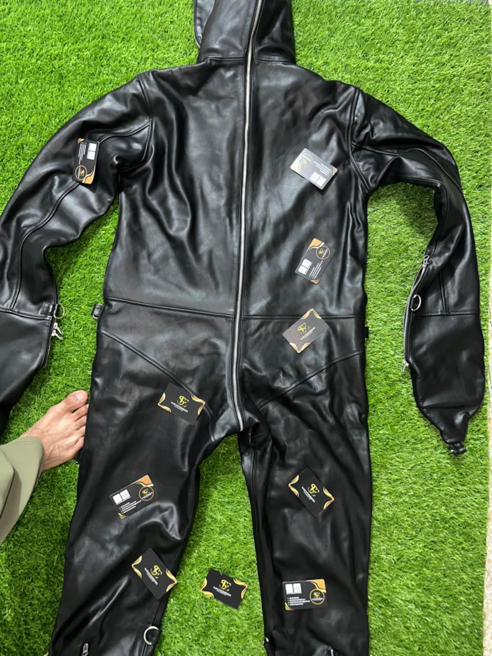 Handmade Black Padded Sheepskin Leather Catsuit - Image 15