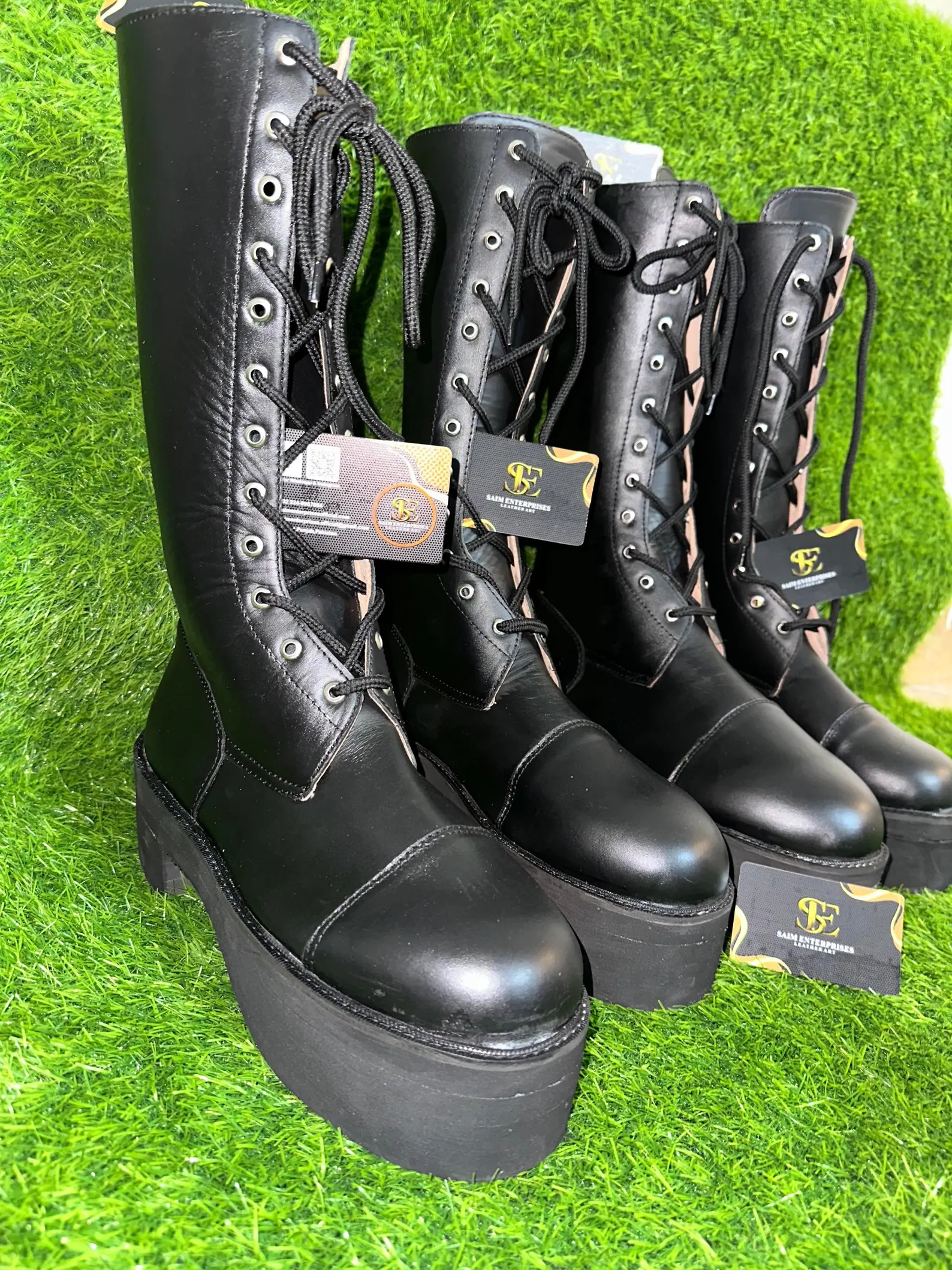 Custom Black Leather Knee-High Lace-Up Military Boots - Image 2