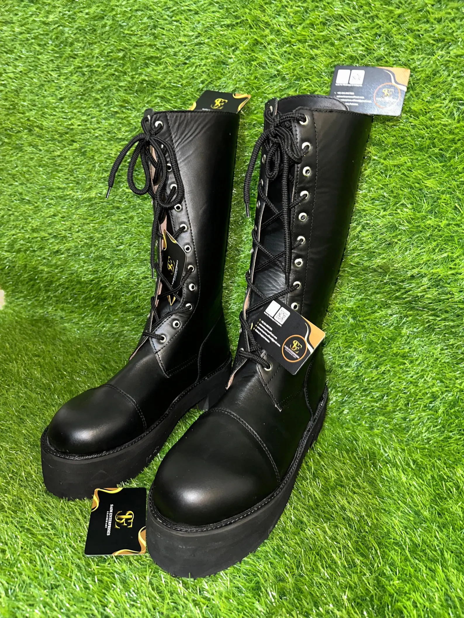 Custom Black Leather Knee-High Lace-Up Military Boots - Image 3