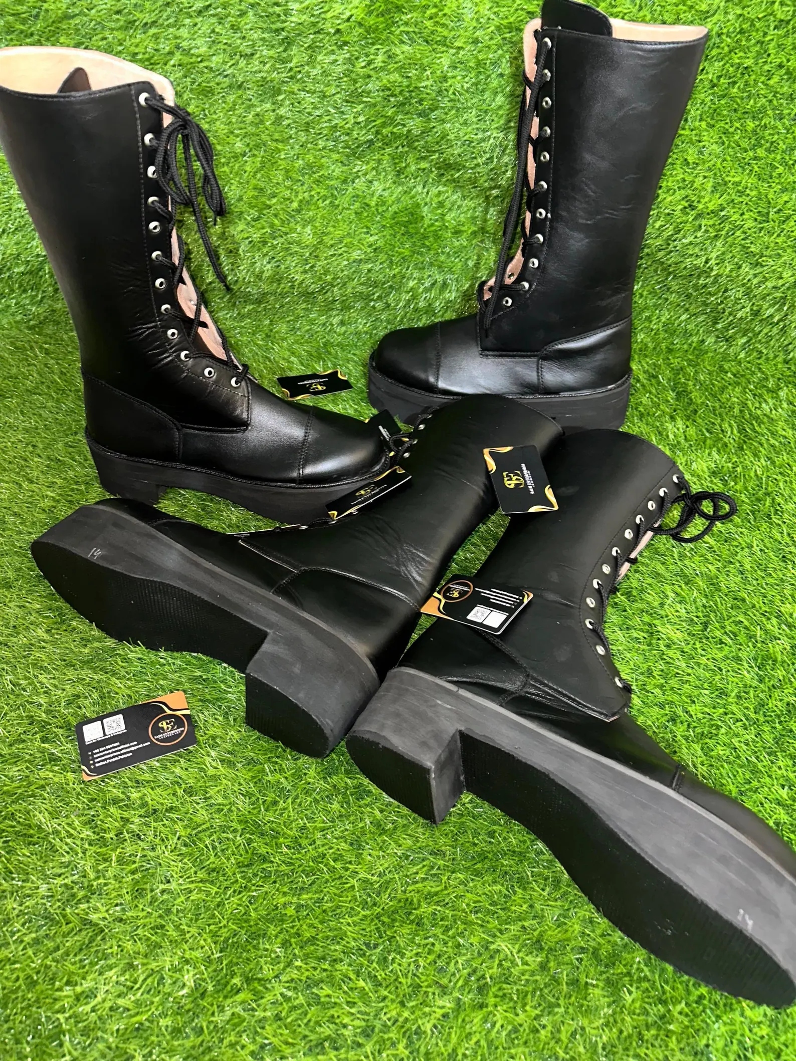 Custom Black Leather Knee-High Lace-Up Military Boots