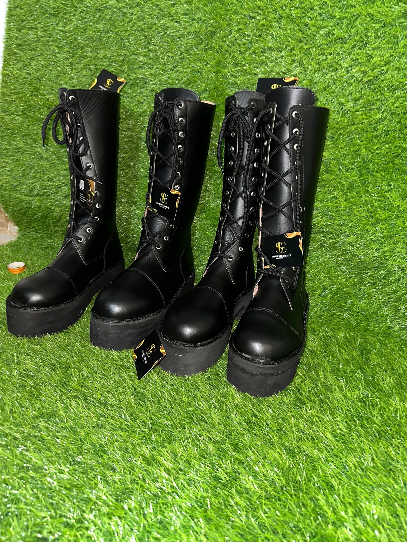 Custom Black Leather Knee-High Lace-Up Military Boots - Image 6