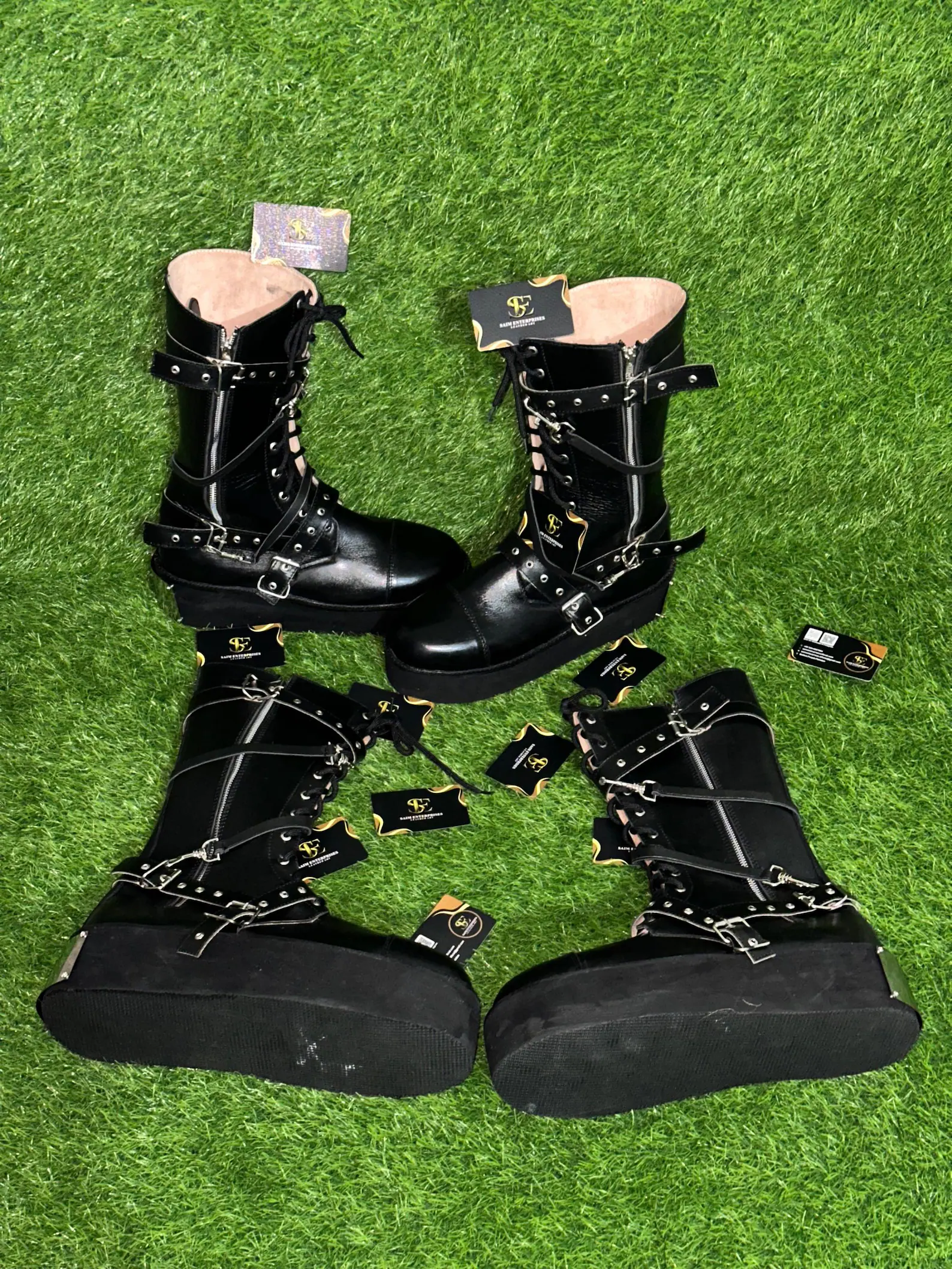 Custom-Made Black Leather Buckle Combat Boots