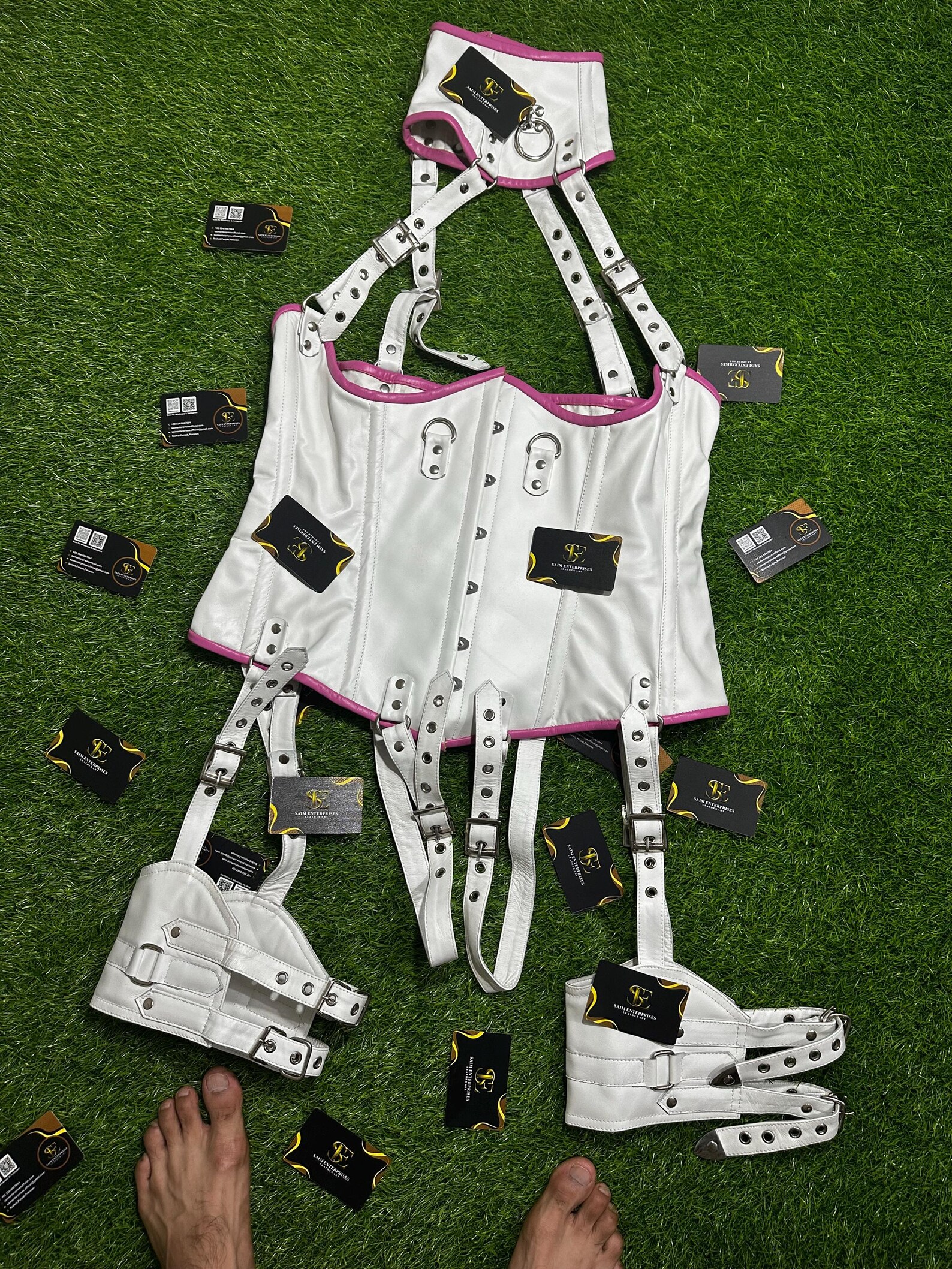 Handmade White Leather Underbust Corset & Thigh Harness