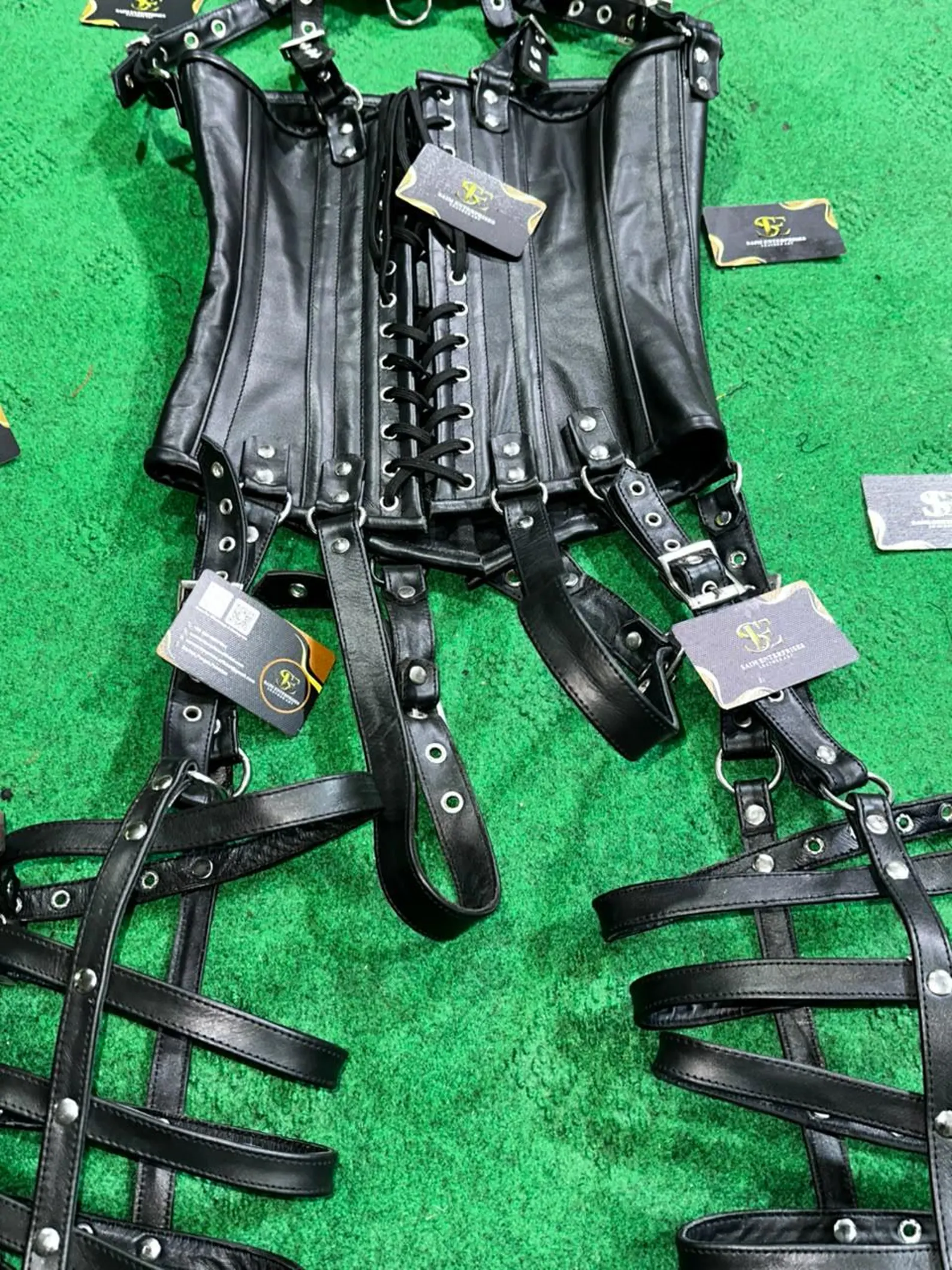 Handmade Black Sheepskin Leather Corset & Multi-Strap Leg Harness - Image 8