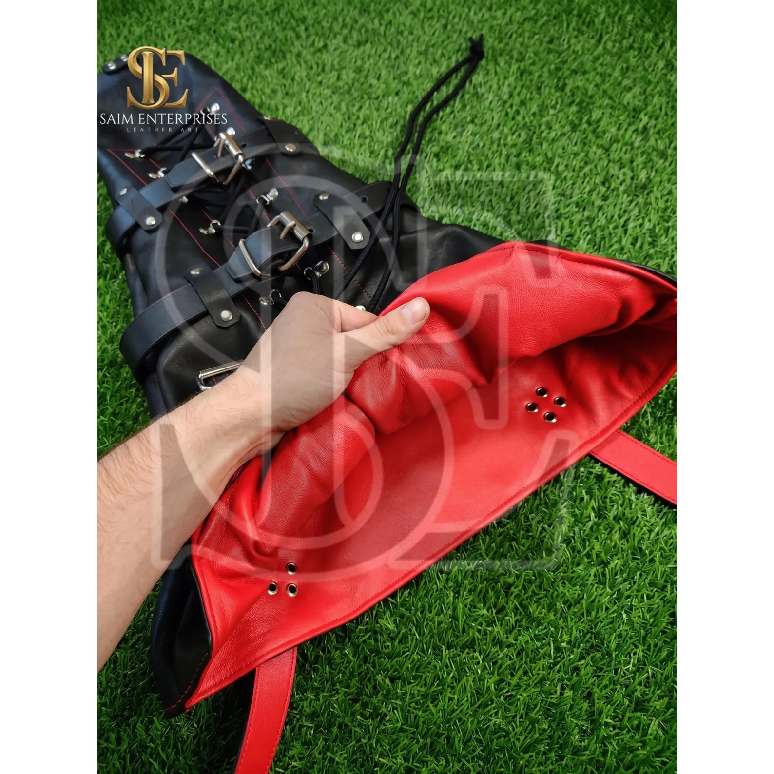 Custom Genuine Leather Arm Binder with Contrast Red Padded Lining