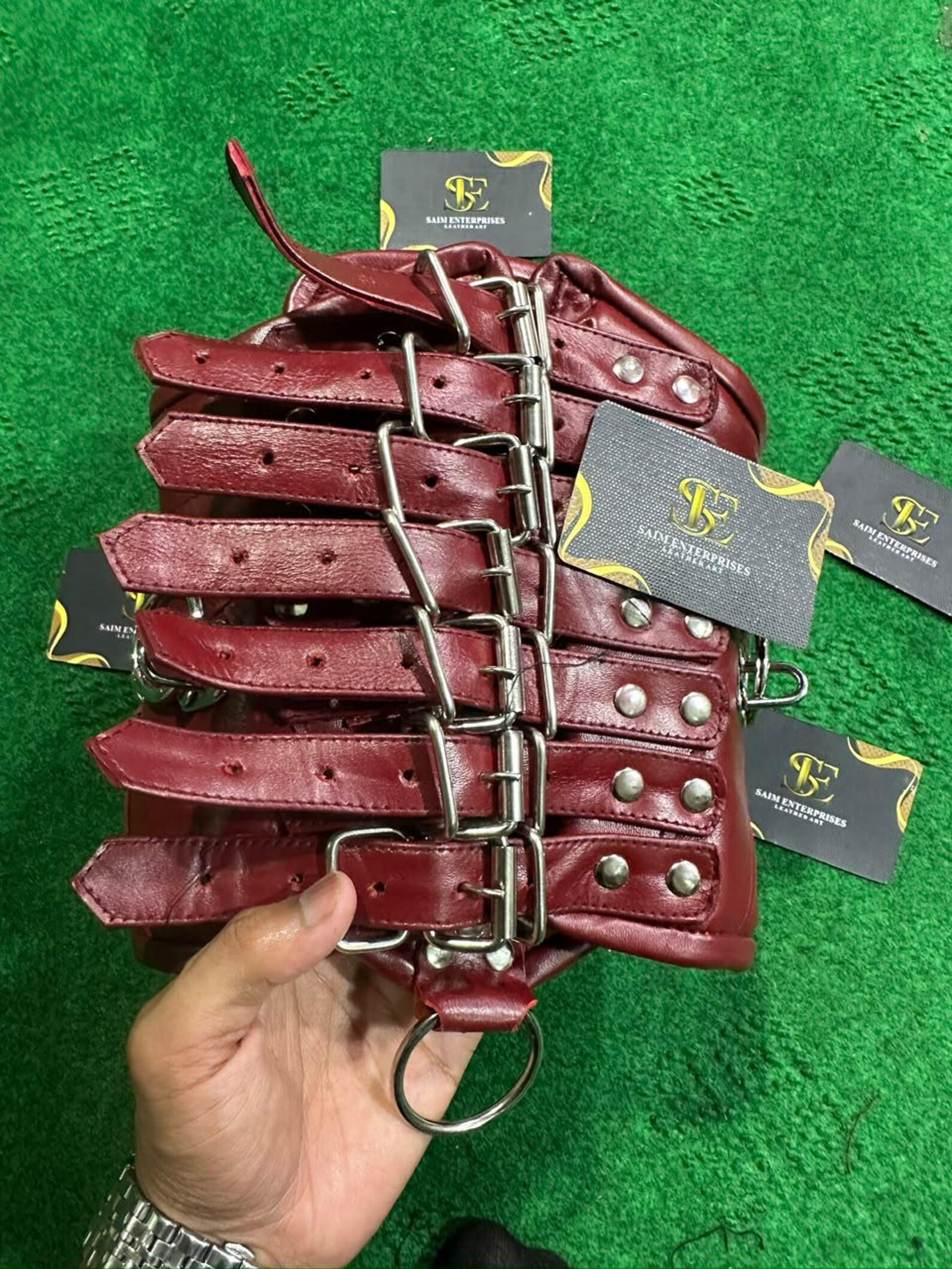 Steampunk Red Leather Detachable Mouth Panel Neck Collar - Image 3