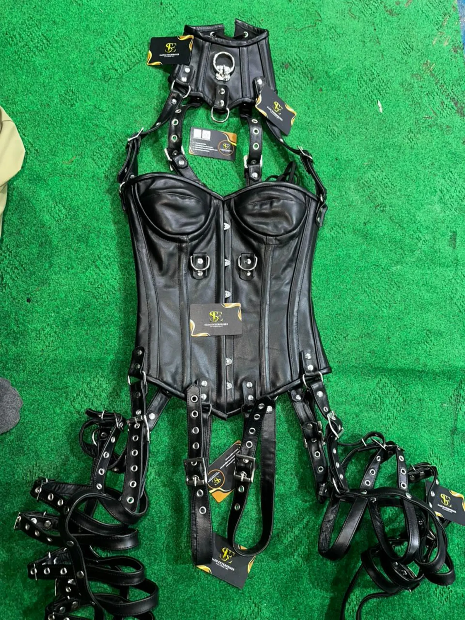 Handmade Black Sheepskin Leather Corset & Multi-Strap Leg Harness - Image 2