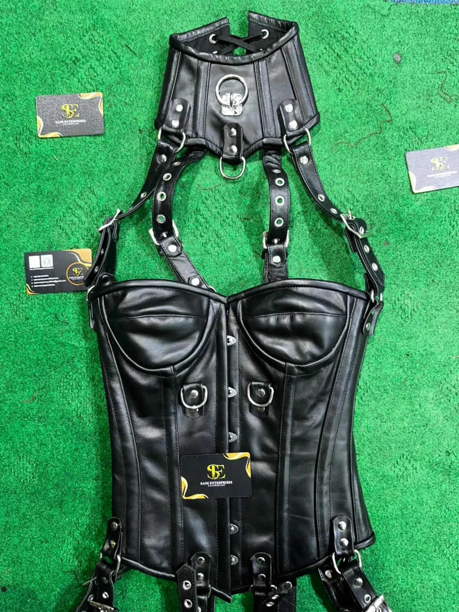 Handmade Black Sheepskin Leather Corset & Multi-Strap Leg Harness - Image 12